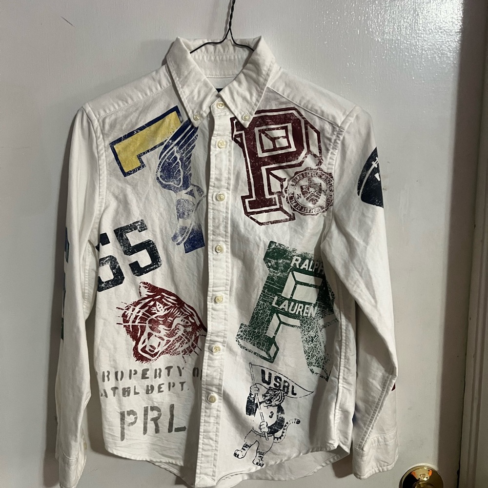 Ralph Lauren White Button Down Shirt with Varsity Patches